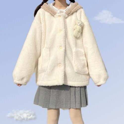 Sweet Womens Bear Pin Fleece Bear Ear Hooded Long Sleeve Loose Coat Outwear Warm Cashmere Color Beige