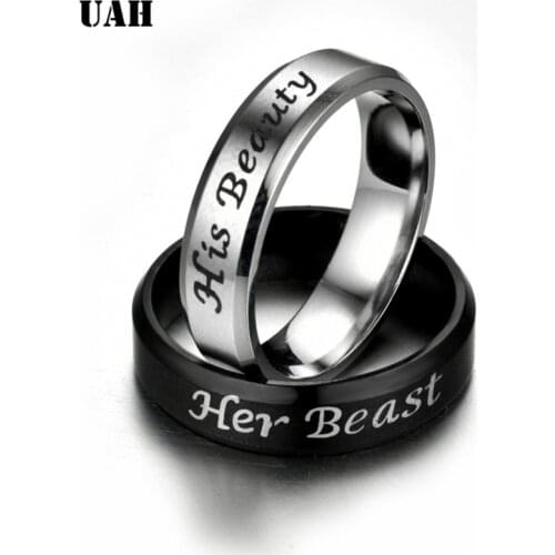 UAH Fashion Stainless Steel Couple Rings Black Crown His Beauty Her Beast Couple Jewelry Anniversary Valentines Day Gifts