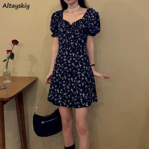 Dress Women Short Sleeve Floral College Vintage Trendy Korean Style Simple Soft Harajuku Female Popular Holidsy Summer New Ins