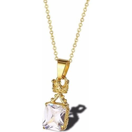 RIR Classic Stainless Steel Gold Crown Square Crystal Pendant Necklace Temperament Female Wedding Bride Best Jewelry Necklaces