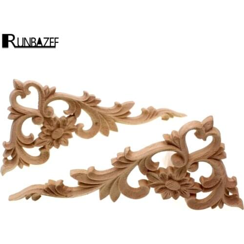 RUNBAZEF Vintage Unpainted Wood Carved Corner Onlay Applique Frame Background Wall Home Furniture Cabinet Door Decor Crafts