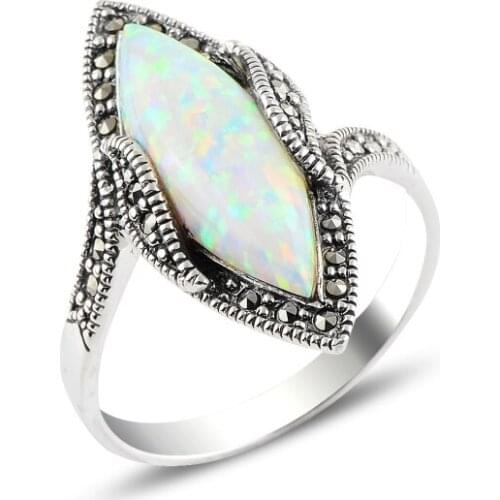 Silver 925 Sterling Pearl & Marcasite Ring