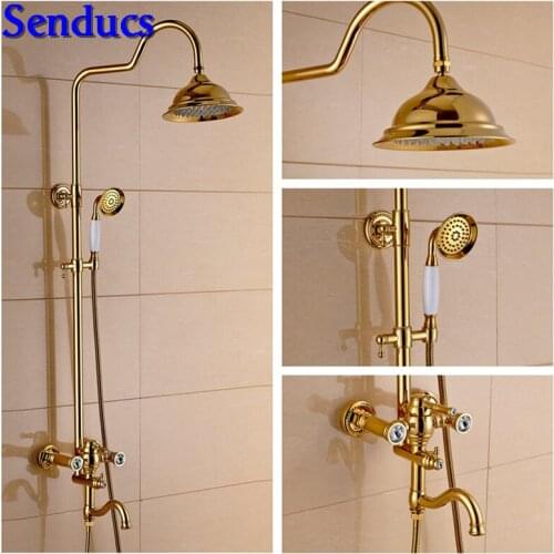 Senducs Luxury Gold Shower System Hot Sale Brass Bathroom Shower Faucet Fashion Design Rainfall Gold Bathroom Shower Set