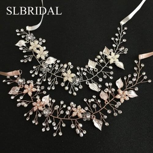 SLBRIDAL Handmade Wired Crystal Rhinestone Freshwater Pearls Flower Wedding Hair Vine Headband Bridal Headpiece Hair accessories