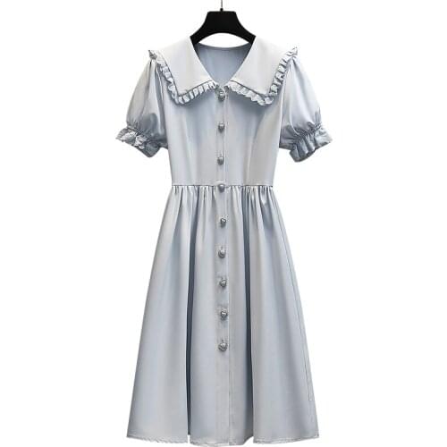 Plus Size Women Clothing High Quality Lace Patchwork Peter pan Collar Puff Sleeve Heart Shaped Single-breasted Sweet Dress