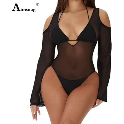 Women Two Pieces Pieces Swimwear 2021 Patchwork Guaze Bikini Sets Push Up Bathing Suits Sexy Deep V-neck Transparent Swimsuits