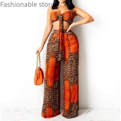 Women Casual Bandeau Top and High Waist Straight Pants 2pcs Set