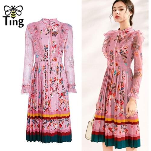Tingfly Vintage Elegant Pink Floral Lace Ruffles Ruched Midi Long Dress Women Retro Pleated Casual Chic Dress Vestidos PLus Size