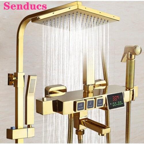 Gold Thermostatic Shower System Senducs 9 Inch Stainless Steel Square Rainfall Shower Head Luxury Gold Digital Bath Shower Set