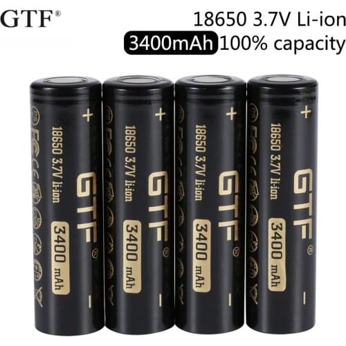 2020 New GTF 18650 3400mAh 100% capacity 3.7V Li-Ion Rechargeable Battery for Flashlight flat head batteries