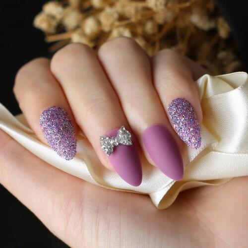 Stiletto Matte violet Glitter MIX DIY nails purple False nails wedding Nails Butterfly 3D bowknot flowers 24pcs full set