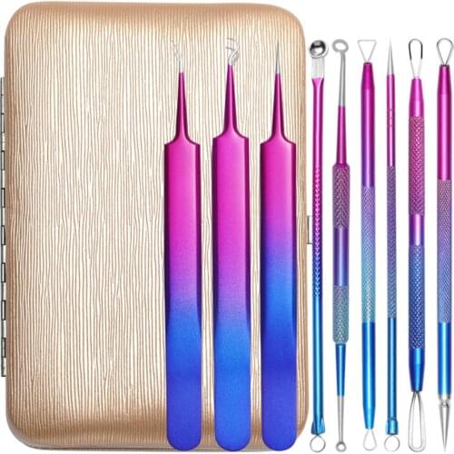 9pcs Acne Removal Tool Kit Stainless Steel Pro Blackhead Remover Beauty Face Pimple Comedone Extractor Needle Clip Pore Cleaner