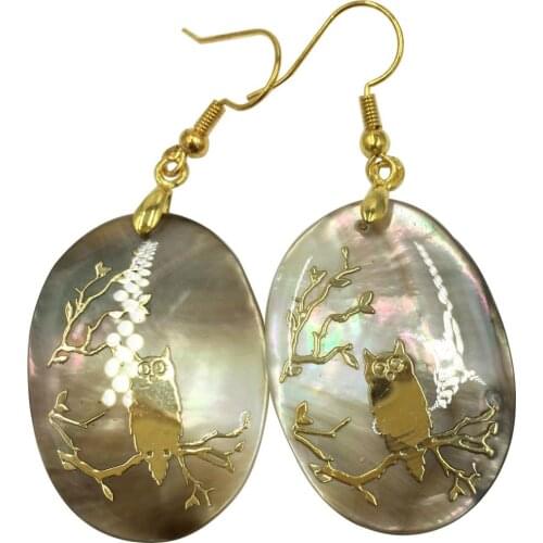 Free shipping Fashion Jewelry Mother of pearl Shell Oval Owl Art Dangle Earring MC8367