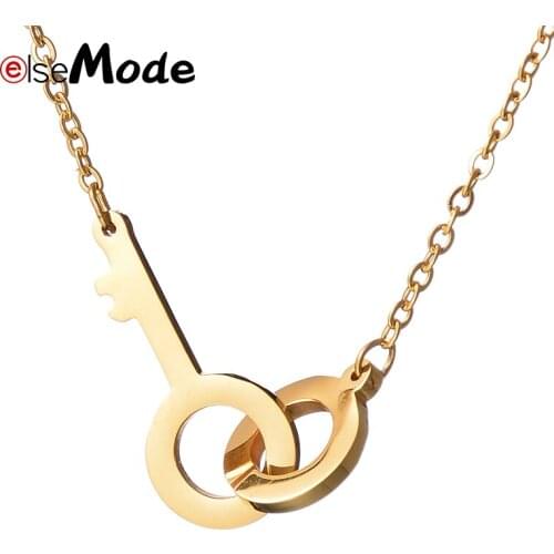 ELSEMODE Romantic Gold Keys Pendant Necklaces For Women Girlfriends Stainless Steel Charm Statement Necklace Jewelry