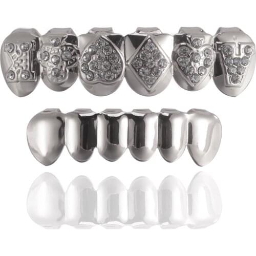 Bling Hip Hop 1Set Iced Out Bling Teeth Full Rhinestoned Teeth Grills Top & Bottom Clown Grills Set For Men Rapper Jewelry Gold