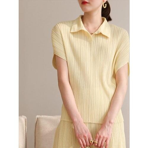 2021 summer new casual pants Miyake pleated bat sleeve slim thin polo tops fashion wild folda loose Tees