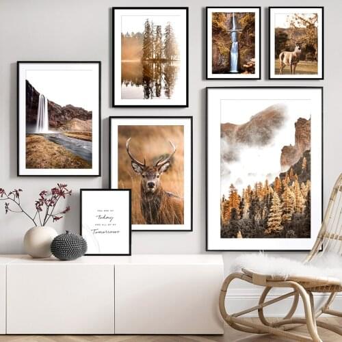 Forest Canyon Waterfall Deer Autumn Landscape Art Canvas Painting Nordic Posters And Prints Wall Pictures For Living Room Decor