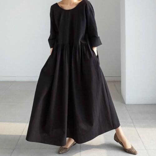 Casual Long Sleeve Black 2020 Summer Vintage Loose High Waist Slim Was Thin Elegant Splice Irregular Pleating Maxi Dress 991E