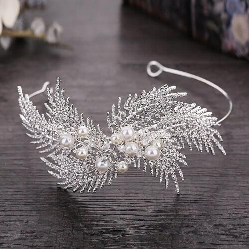 Elegant Rhinestones Simulated Pearls Cluster Leaf Hair Bands Crystal Headband Wedding Tiara Hair Accessories For Women Girls SL