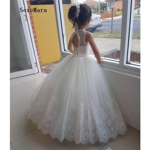 Puffy Tulle Flower Girls Dresses for Wedding Lace Applique Ball Gown with Beaded Sash Kids First Communion Dress