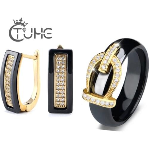 Gold Color Ben U Shape Stud Earrings For Women 2018 Bijoux Bling Crystal Wedding Ceramic Earrings Rings Set Statement Bijouterie