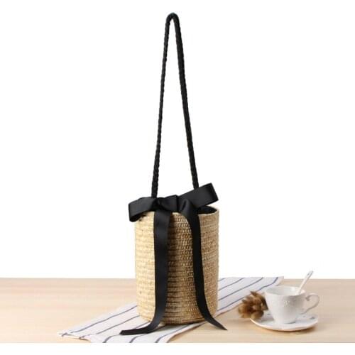 Straw Bags Women Shoulder Bag Woven Ribbon Bucket Bag Summer Beach Crossbody Bag Holiday Vocation