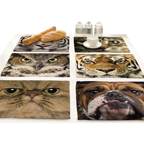 Cotton Linen Art Food Placemat for Dining Table Animal Face 3D Printing Kitchen Accessories Cup Coaster Cat Dog Desgin Mat