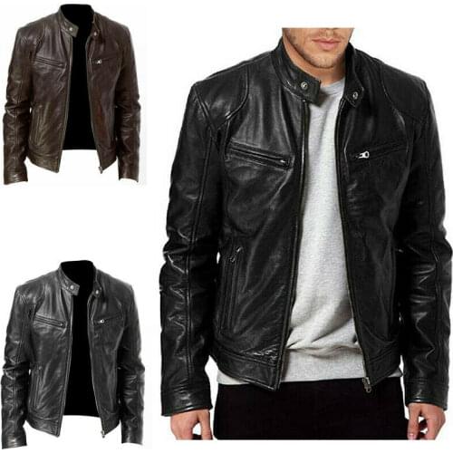 Warm Winter Mens Leather Jacket Long Sleeve Trench Coat Motorcycle Punk Outwear Zipper Stand collar Fit Outwear Trendy