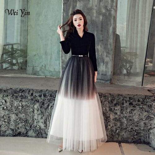 Weiyin 2021 Black Velour Long Sleeves A-Line Evening Dresses V-neck Elegant Arabic Muslim Long Prom Formal Dresses WY1147