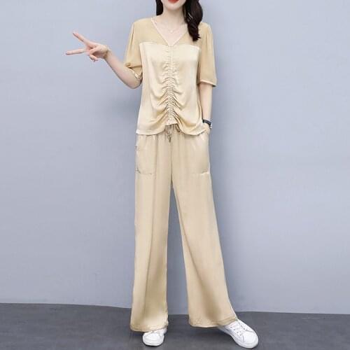 Women Summer Short Sleeve Pleat T-shirt+Elastic Waist Wide Leg Pant Suits Casual Loose Sets Elegant Woman Two Piece Set