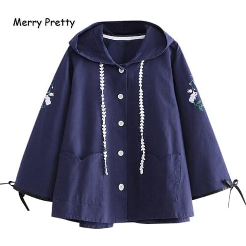 Merry Pretty Womens Jackets Coats Floral Embroidery Single-breasted Hooded Coat 2021 Spring New Loose Pullover Basic Jacket