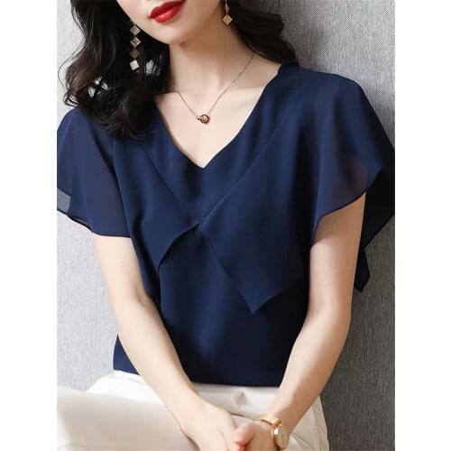 2021 Spring Summer Korean Tops Ruffle V-neck Chiffon Women Blouses Office Lady Elegant Casual Shirts Plus Size M-6XL 7XL 8XL