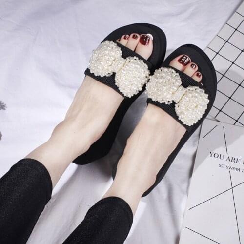 2019 New Ladies Hand Pearl Crystal Anti-skid High Heel Wedge Slippers Womens Casual Summer Shoes