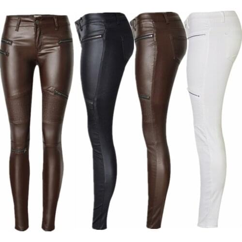 Womens Fashion High Waist Slim Pants Pu Leather Zipper Stretch Tights Punk Rock Pencil Trousers Zipper Motorcycle Leather Pants
