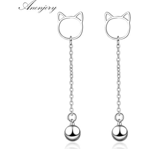 ANENJERY 925 Sterling Silver Cute Fashion Cat Bell Long Tassel Earrings For Women Christmas Gift S-E675