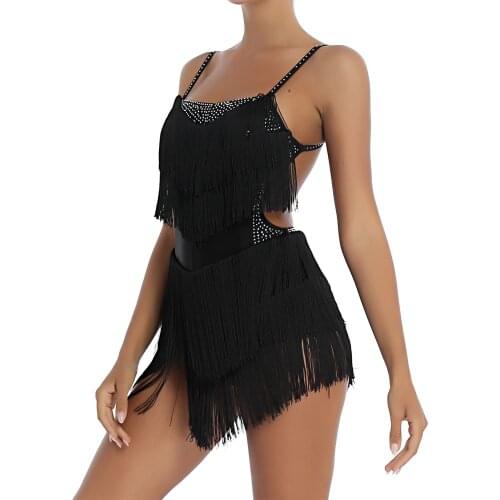 Women Rhinestone Fringed Latin Dance Dress Tango Rumba Dancing Costume Fashion Backless Figure Skating Leotard Dress Competition