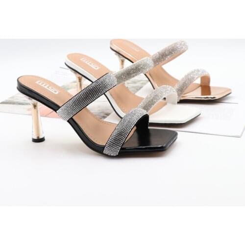 Bling Chain Women Sandals High-Thin-Heel Rivet Open-Toes One Word Slippers Fashion Casual Sexy All-Match Women Shoes