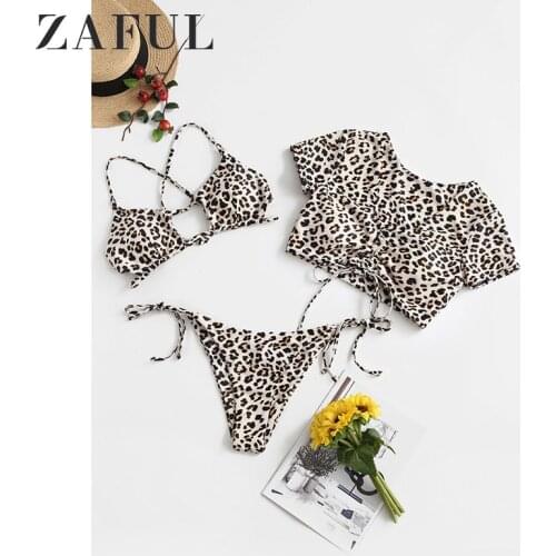 ZAFUL Swimwears Women Leopard Cinched Cutout Tie Three Piece Swimsuit Spaghetti Straps Bikini 2020 Snake Print Sexy Bikinis Set