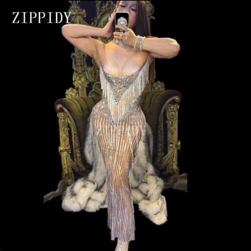 Fashion Crystals Tassel Dress Nightclub Stones Neck Long Dress Costume Womens Prom Birthday Celebrate Dresses Outfit