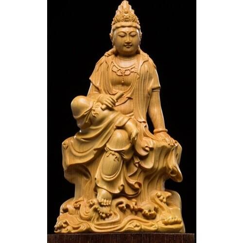 13.5CM Scripture Guanyin Exquisite Japan Carving Buddha Statue of God Craft Guanyin Feng Shui Decoration Wood Home Decoration
