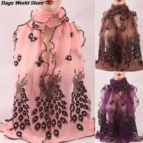190*40CM 1PC Fashion Women/Ladys Silk Scarves Chiffon Transparent Long Soft Wrap Shawl Stole Peacock Scarf