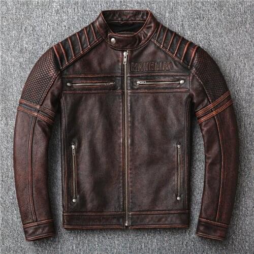 2020 Vintage Brown Men Slim Fit Bikers Jacket Plus Size XXXXL Genuine Thick Cowhide Short Motorcycle Leather Coat