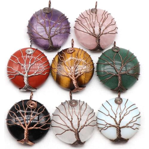 30mm Natural Stone Tiger Eye Amethysts Quartz Aventurine Pendant Round Shape Tree Of Life Stone For Jewelry Making DIY Necklace