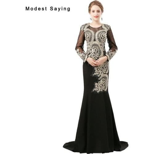Gothic Black Mermaid Long Sleeve Evening Dresses 2017 Formal Women Long Sexy Illusion Lace Party Prom Gowns vestido de festa