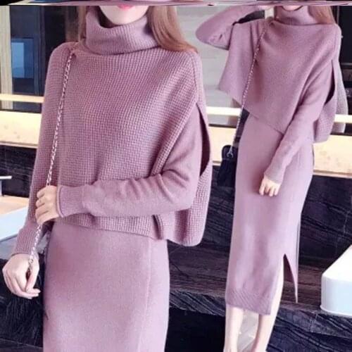 2 piece set women Suit female Winter Fashion Women Turtleneck Bottoming sweater Tops Line dress Knit Ladies Casual Knitted Suit