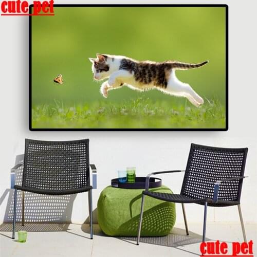 Cute pet DIY Full Square Diamond Cat play Butterfly 5D Diamond Painting Embroidery CrossStitch Rhinestone Mosaic Painting Decor