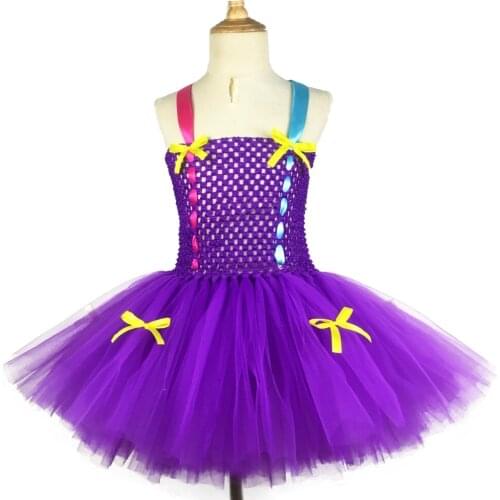 Lovely Girls Purple Ribbons Tutu Dress Baby Crochet Dress with Straps and Yellow Bows Kids Birthday Party Cartoon Costume Dress