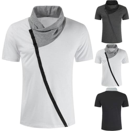 Summer Autumn New Men Casual Short Sleeve Color Block Turtle Neck Button T-shirt Slim Fitness Top Streetwear Plus size T-shirt
