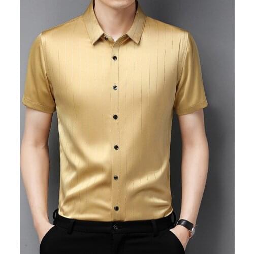 New 2021 Summer Male Silk Clothes Fashion Striped Silk Shirt Short Sleeve Mens Casual Business Social Dress Shirts