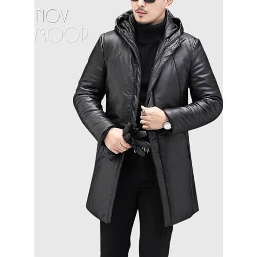 Novmoop Genuine leather mens down coat chic slim style hooded jacket pockets at both sides LT3380